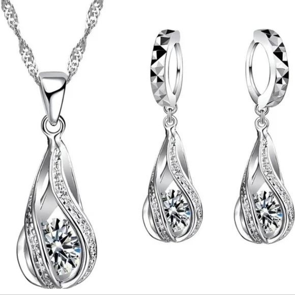 Sterling Silver Wedding Jewelry SetforWomen,SwirlingWaterDropp,Bridal,925STAMPED - Picture 2 of 7